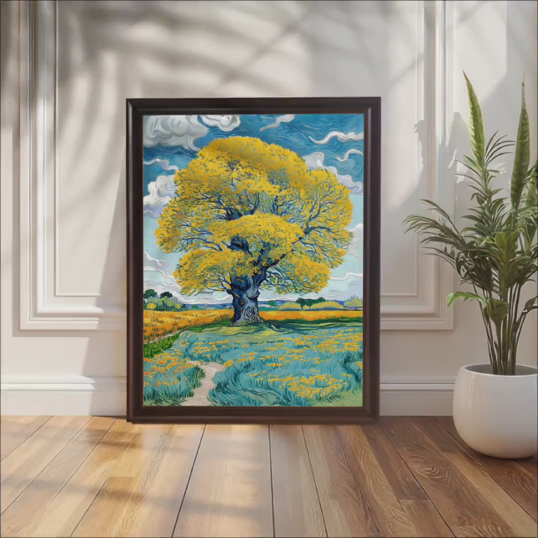 Golden Tree Giclée Print: Impressionist Wood Framed Wall Art