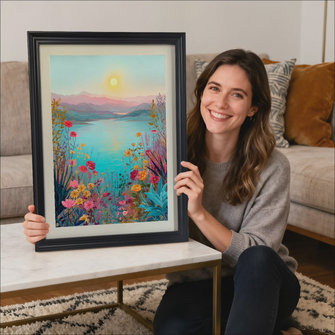 A sequence of scenes showcasing a framed art piece featuring a vibrant, colorful landscape of a sunlit lake surrounded by flowers. The video transitions from a woman smiling while holding the framed artwork in a living room to the same piece displayed on a marble surface in a modern interior setting next to white tulips and a vintage camera. The video concludes with the "Miracle Walls" logo appearing over the artwork.