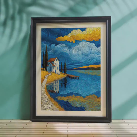 Starry Sky Lake House Landscape Painting Print | Van Gogh Style Framed Wall Art