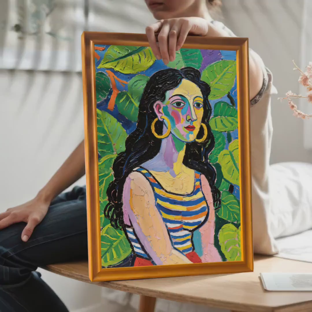 Abstract Tropical Woman Portrait Oil Painting Print | Wood Framed Wall Art Poster