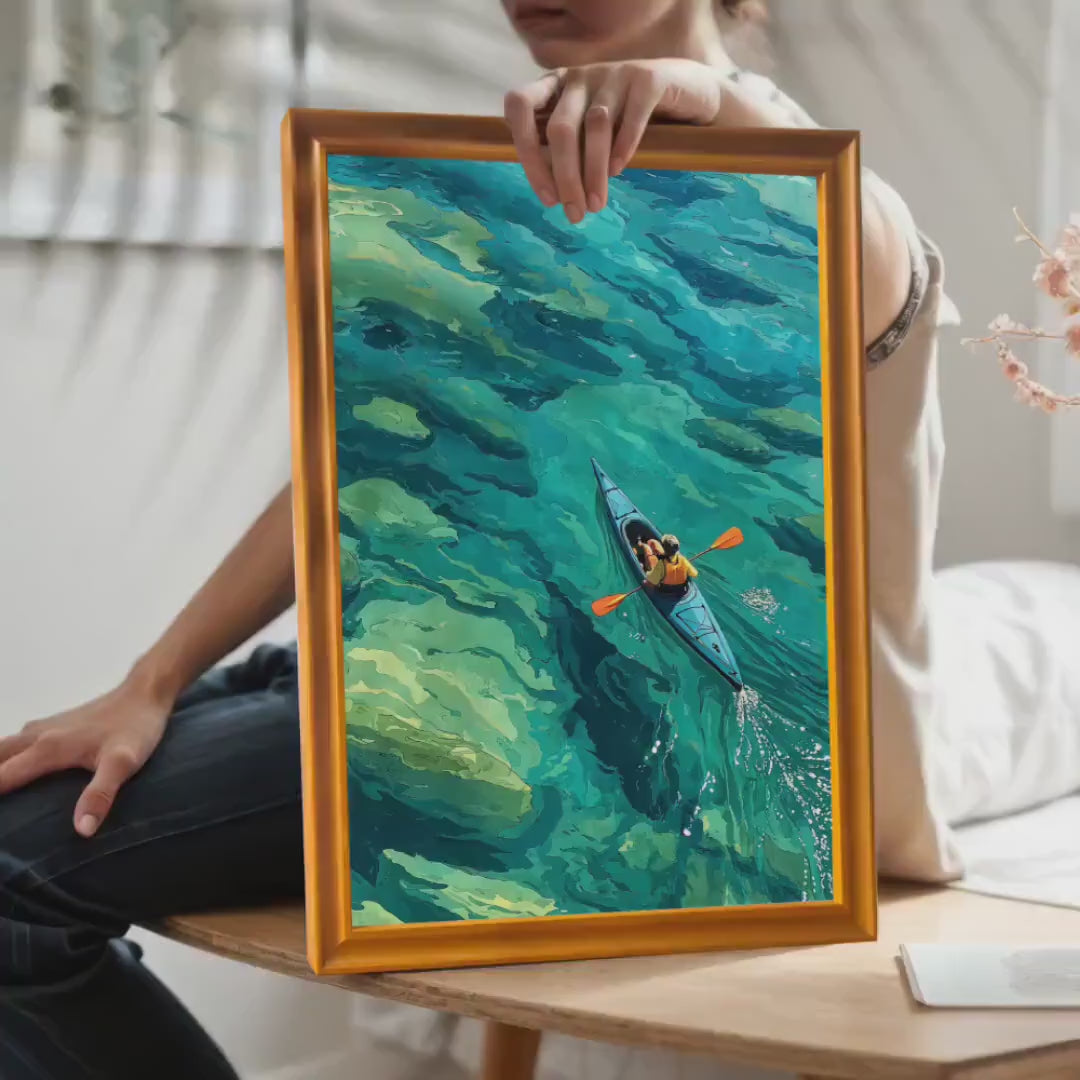 Kayaking Blue Lake Wood Framed Wall Art Giclée Print