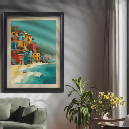 Coastal Seaside Houses Wood Framed Wall Art Print | Mediterranean Beach Decor