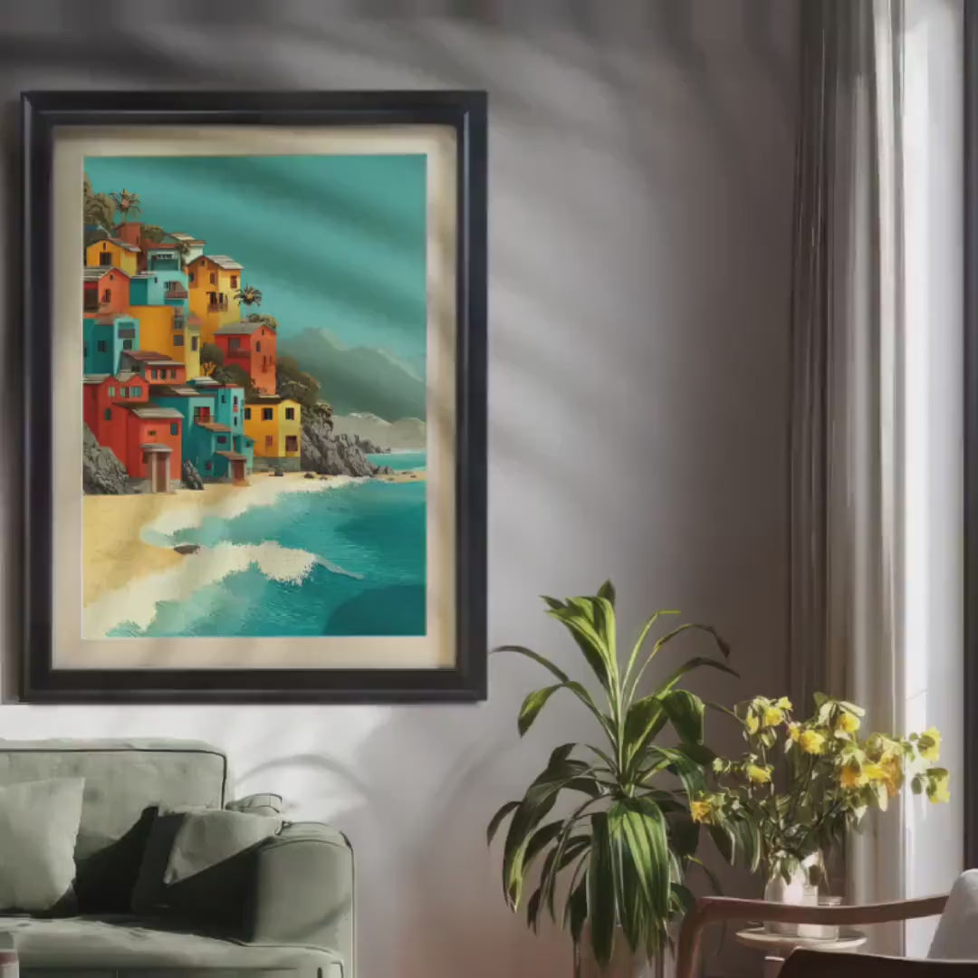 Coastal Seaside Houses Wood Framed Wall Art Print | Mediterranean Beach Decor