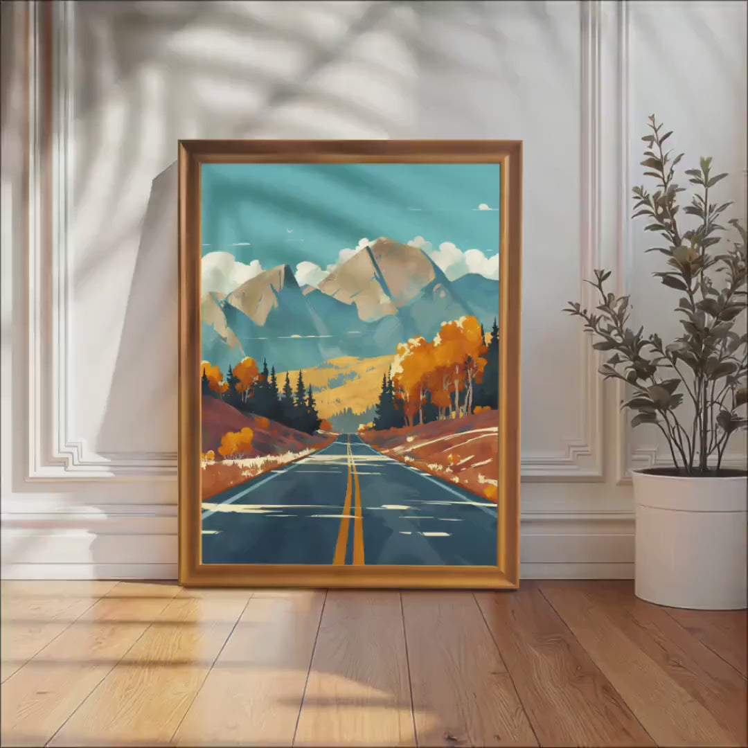 Mountain Highway Wall Art - Autumn Road Landscape Print - Wood Framed Nature Home Decor
