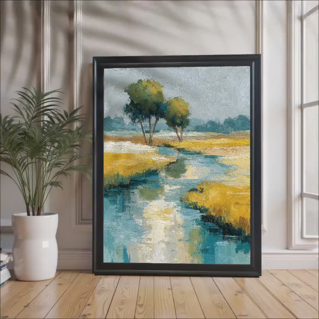 Physical Wood Framed Abstract River Landscape Art Print, Impressionist Painting Style