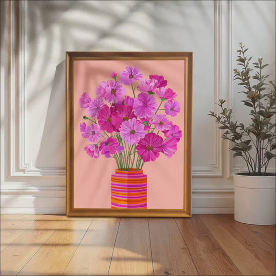 Wood Framed Vibrant Pink Cosmos Flower Art Giclée Print Wall Decor