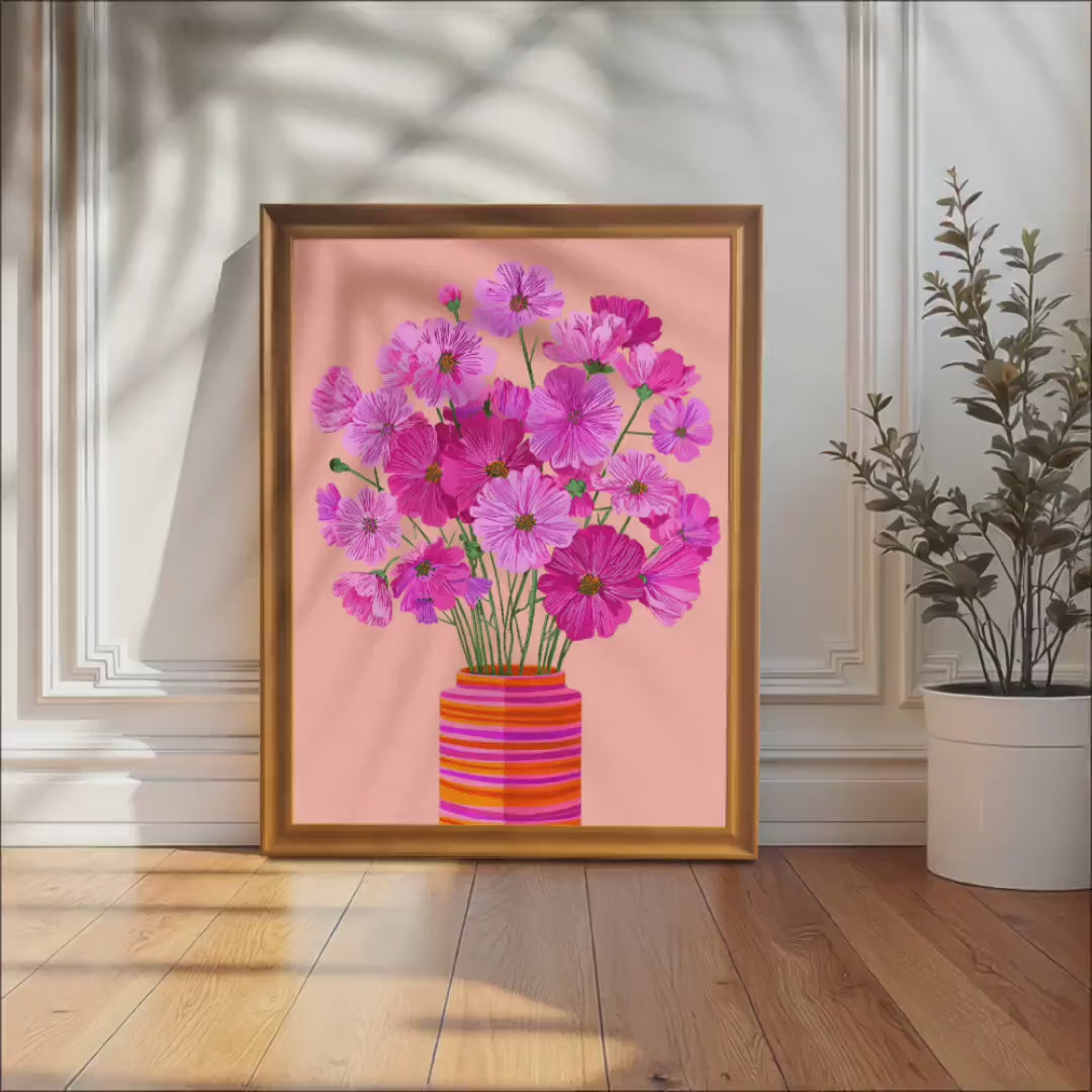 Wood Framed Vibrant Pink Cosmos Flower Art Giclée Print Wall Decor