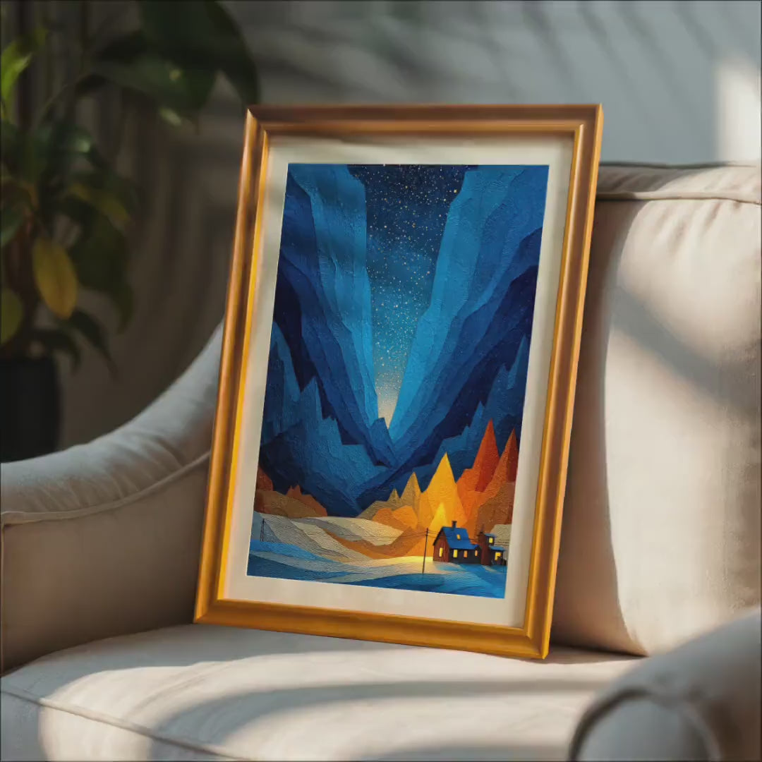 Starry Night Mountain Valley Landscape Wood Framed Fine Art Paper Print