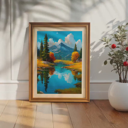 Autumn Mountain Forest Landscape Painting Wood Framed Wall Art Print