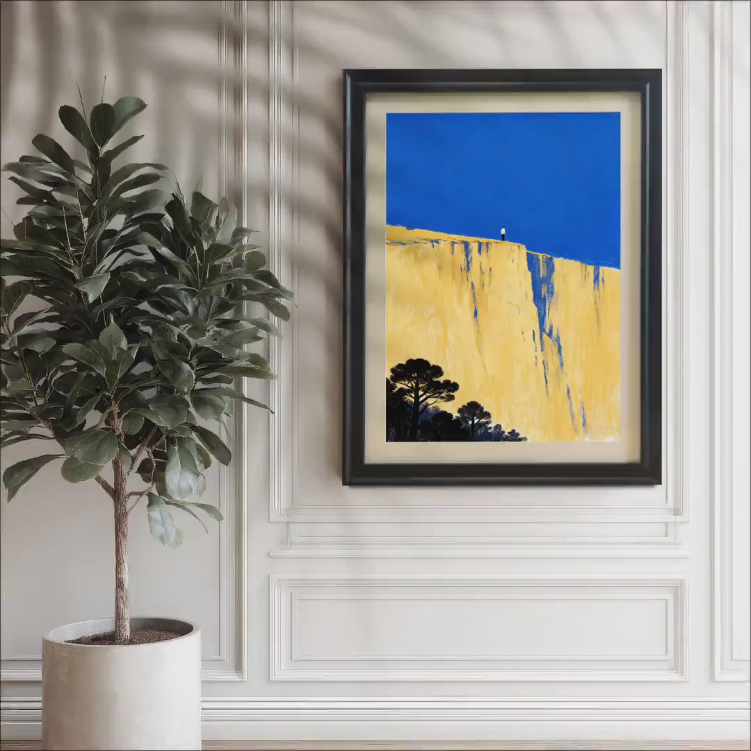 Figure on Cliff Art Print | Yellow Blue Landscape Poster | Wood Framed Giclee Wall Decor