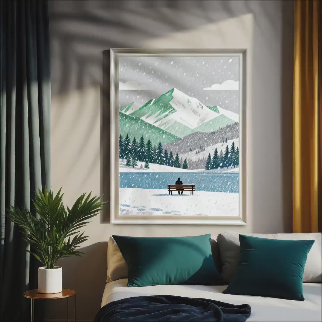 Winter Mountain Lake Snowing Landscape Art Print | Wood Framed Giclee Poster Wall Decor