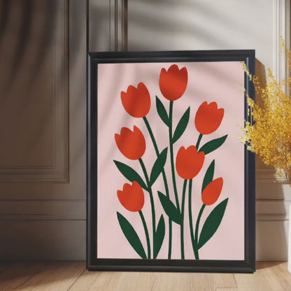 Modern Minimalist Red Tulip Flower Art Print: Wood Framed Giclée Poster Wall Decor