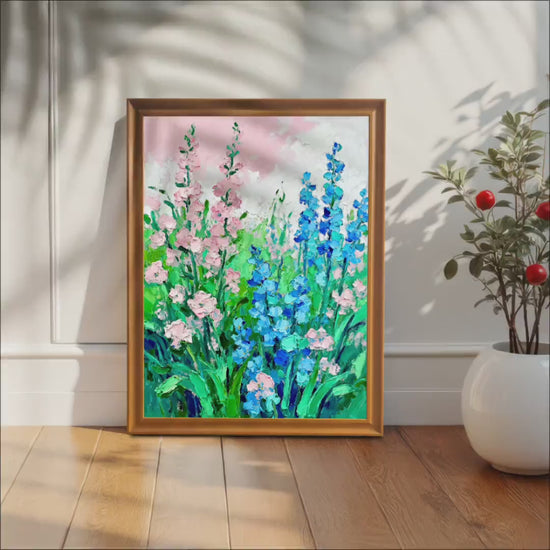 Impasto Oil Painting Flower Wall Art Print: Wood Frame, Garden Theme Decor