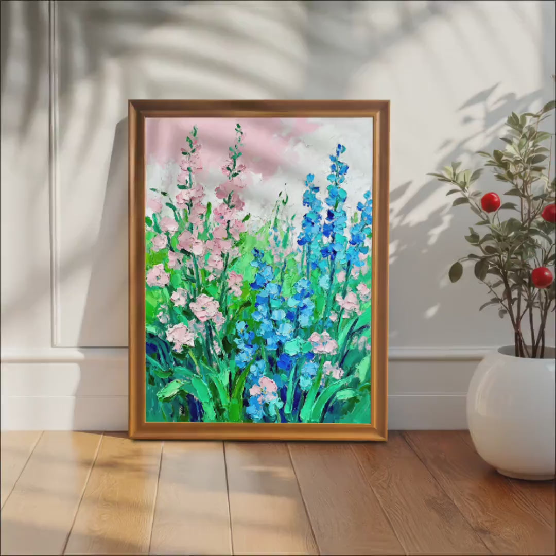 Impasto Oil Painting Flower Wall Art Print: Wood Frame, Garden Theme Decor