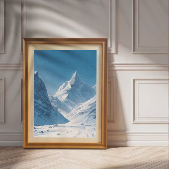 Physical Wood Framed Snowy Mountain Peak Art Print | Winter Landscape Photography Style