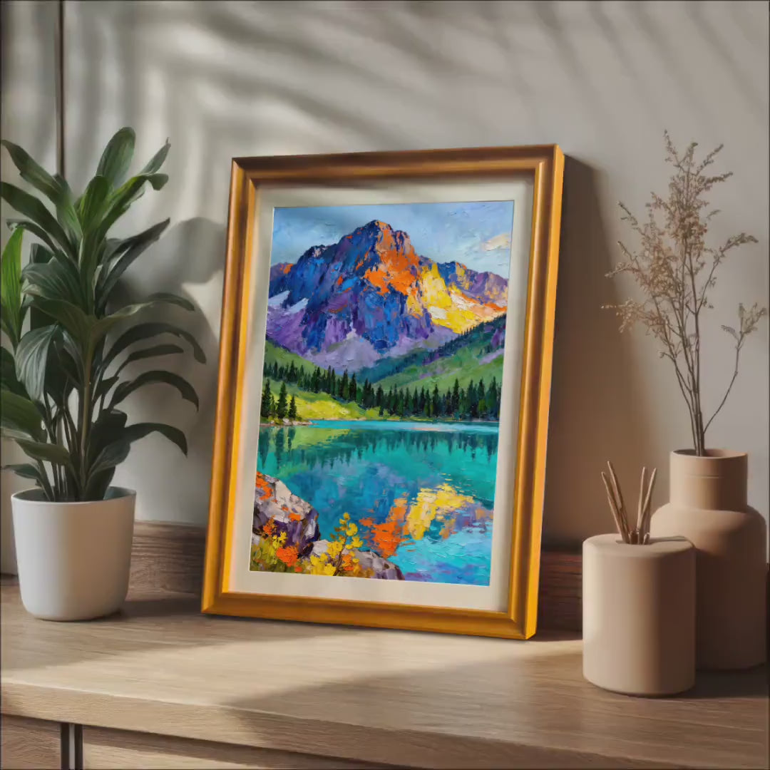 Vibrant Mountain Lake Oil Painting Print: Nature Landscape, Wood Framed Wall Art Giclee Decor