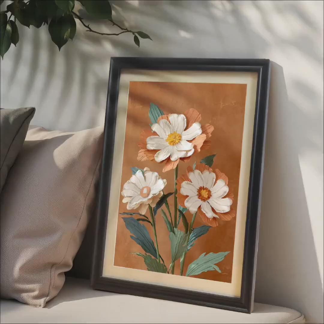 Textured Floral Wall Art: Burnt Orange Flower Giclée, Wood Frame