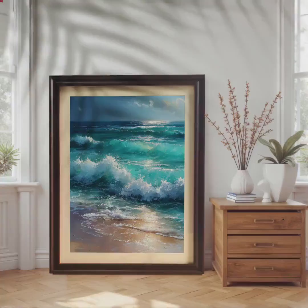 Coastal Ocean Wave Painting Wall Art Print Wooden Frame Poster