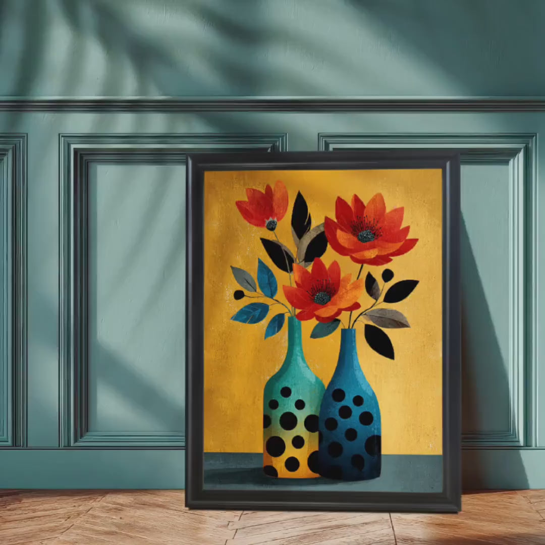 Abstract Floral Vase Framed Wall Art Print, Modern Colorful Flower Artwork for Home Decor