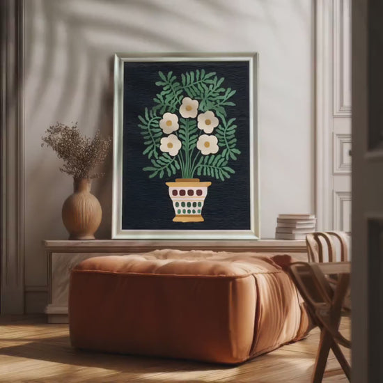 Folk Art Floral Giclée Print: Stylized White Flowers, Wood Frame