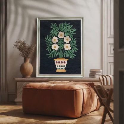 Folk Art Floral Giclée Print: Stylized White Flowers, Wood Frame