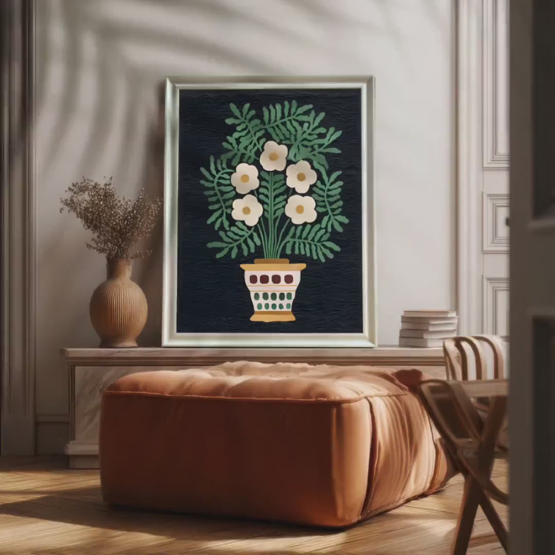 Folk Art Floral Giclée Print: Stylized White Flowers, Wood Frame