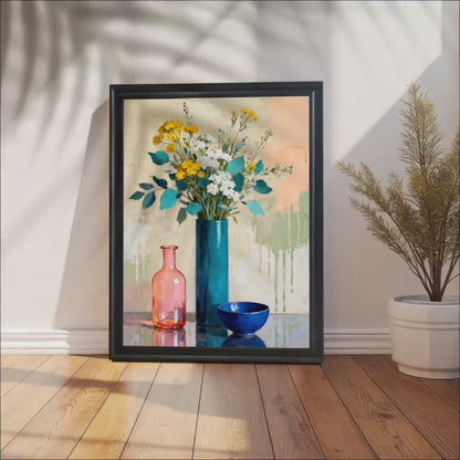 Still Life Flowers in Vase Art Print: Modern Botanical Giclée, Wood Frame, Wall Decor