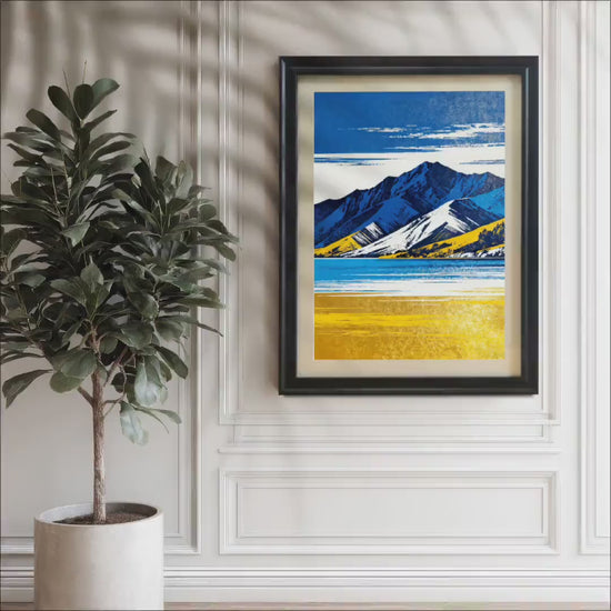 Bold Mountain Lake Art Print | Blue Gold Abstract Landscape | Wood Framed Giclee Poster