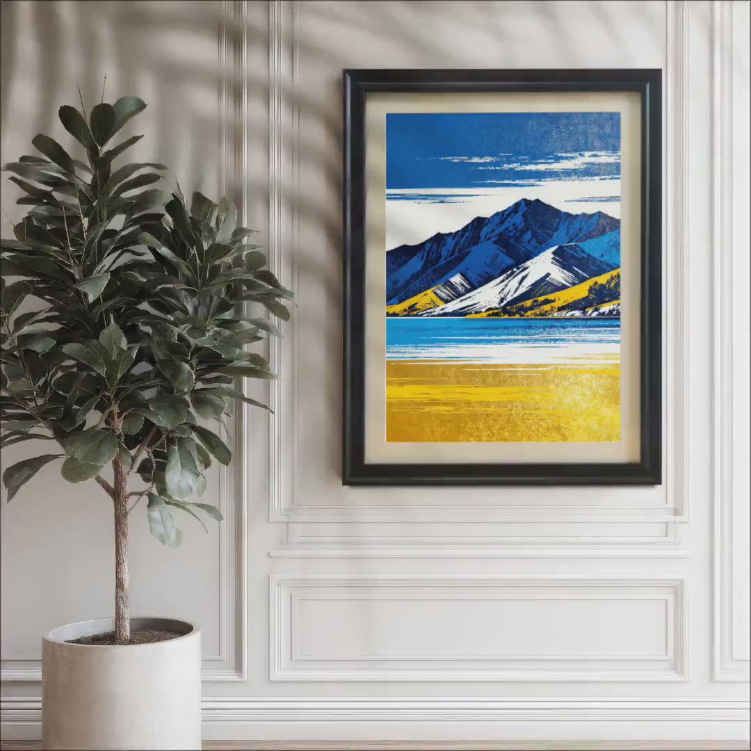 Bold Mountain Lake Art Print | Blue Gold Abstract Landscape | Wood Framed Giclee Poster