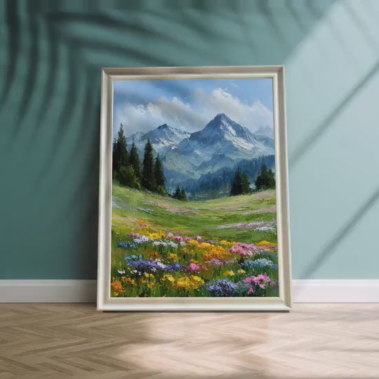 Mountain Wildflower Nature Landscape Painting Wood Framed Wall Art Print