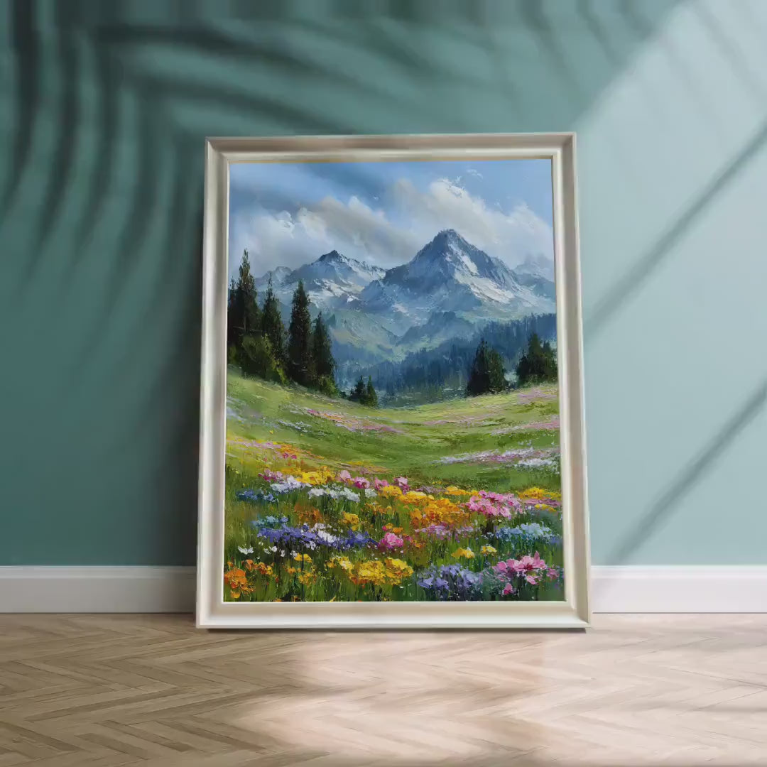 Mountain Wildflower Nature Landscape Painting Wood Framed Wall Art Print