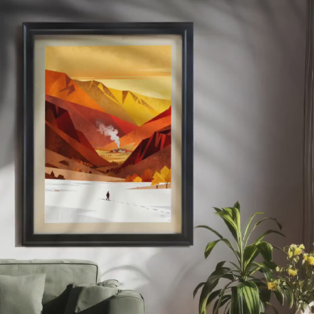 Abstract Winter Mountain Cabin Landscape Fine Art Paper Print Wood Framed Wall Decor