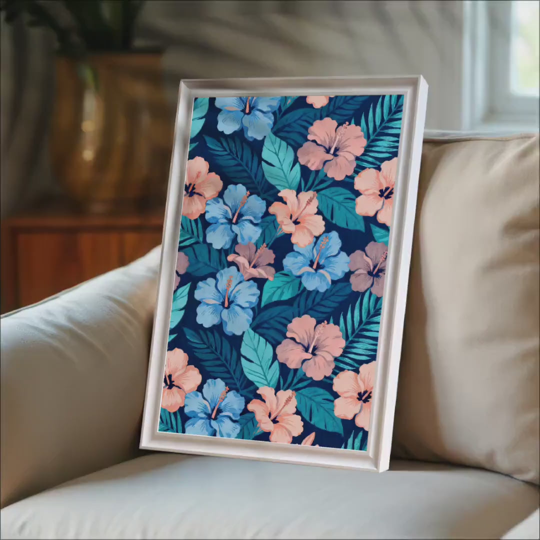Tropical Hibiscus Flower Wall Art Print: Boho Floral Pattern, Wood Frame Decor