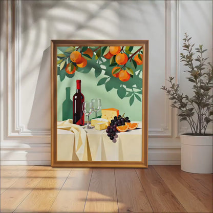Tuscan Still Life Framed Art Print: Wine Cheese, Wood Frame, Wall Decor
