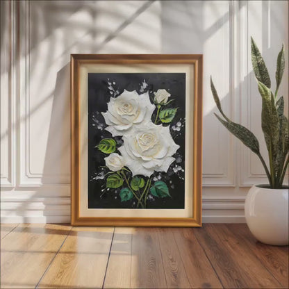 White Rose Textured Art Print with Wood Frame | Floral Black Background | Elegant Wall Decor