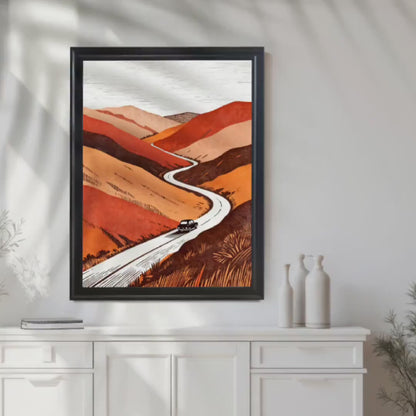 Winding Mountain Road Framed Wall Art | Mid Century Modern Landscape Print | Retro Orange Decor