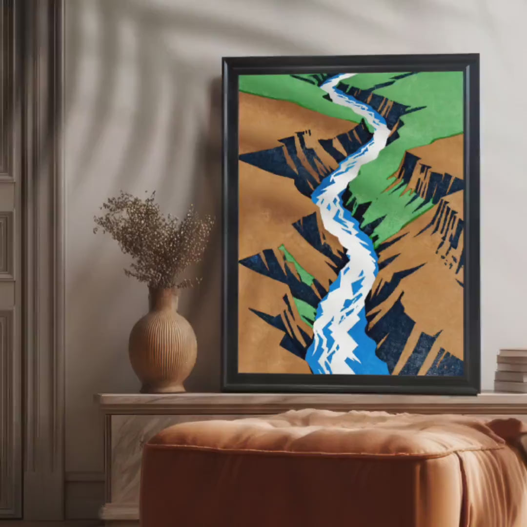 Modern Abstract River Canyon Nature Landscape Art Print: Wood Framed Wall Decor