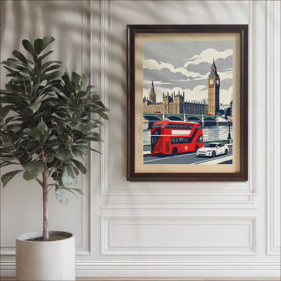 Vintage London Big Ben Red Bus Cityscape Wood Framed Wall Art Print
