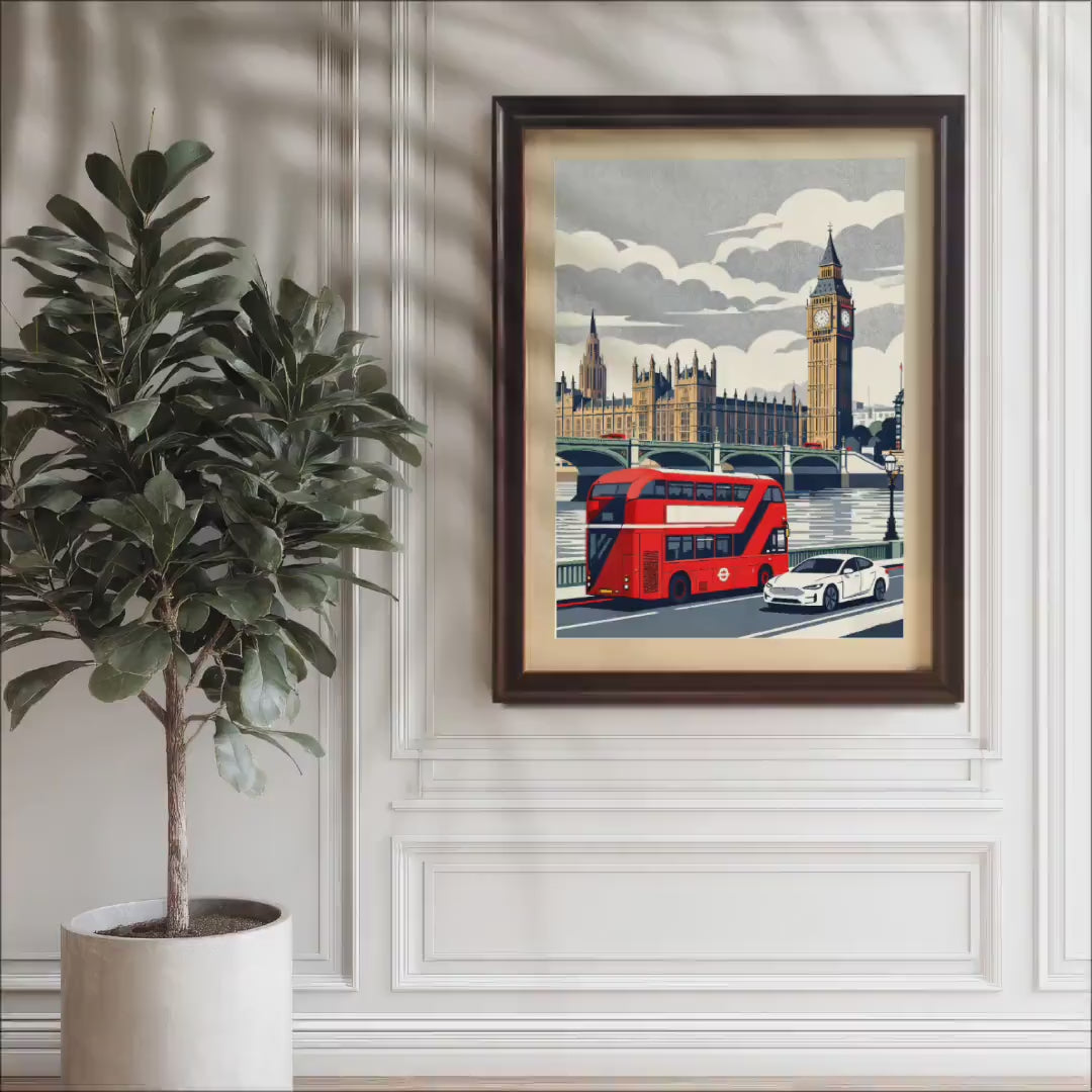 Vintage London Big Ben Red Bus Cityscape Wood Framed Wall Art Print