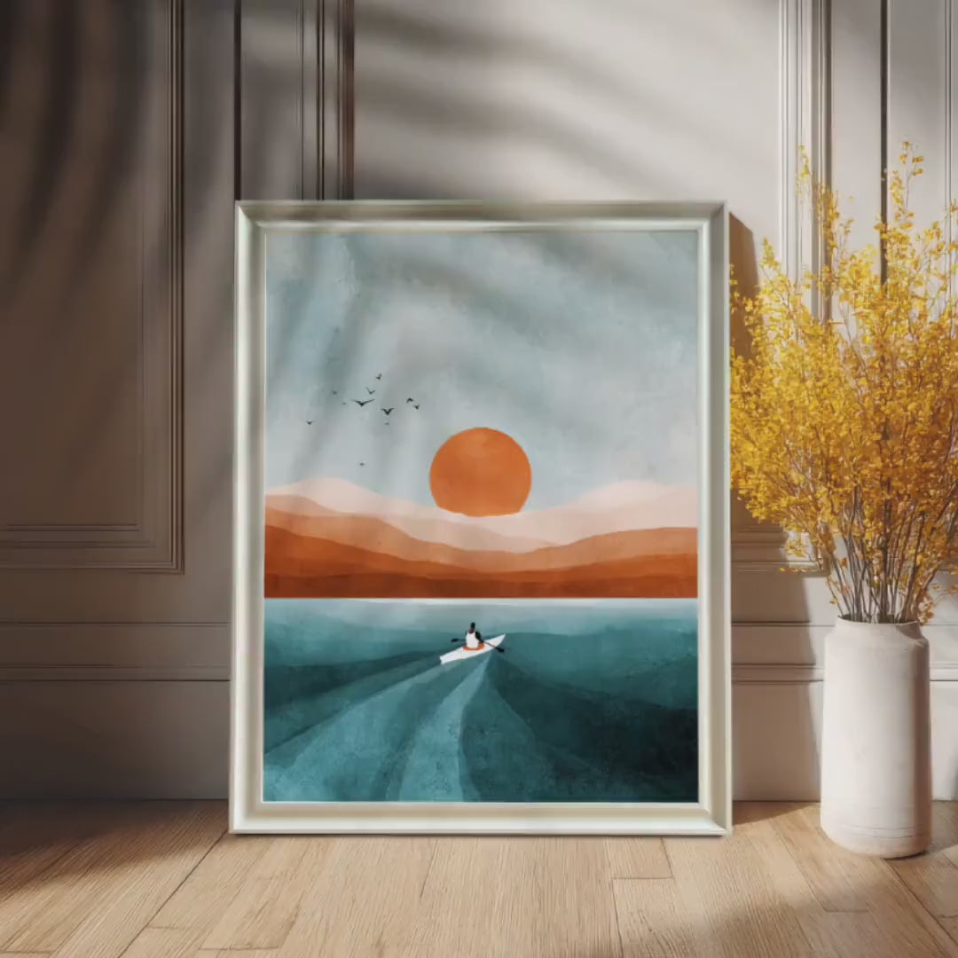 Sunset Lake Boat Horizon Coastal Art Print | Ready to Hang Wood Framed Wall Decor