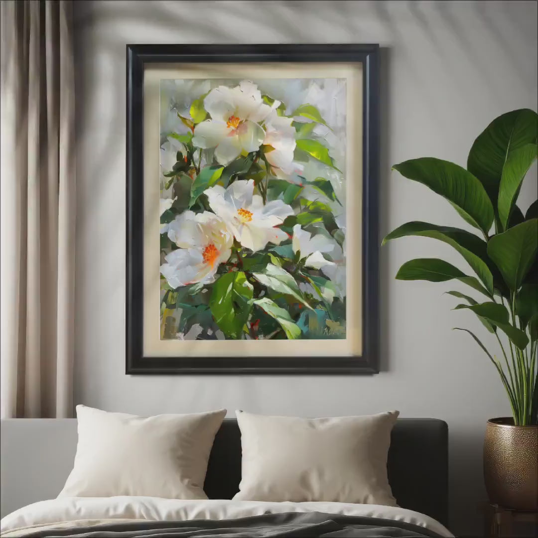 Impressionist White Flower Painting Print, Wood Framed Wall Art Decor