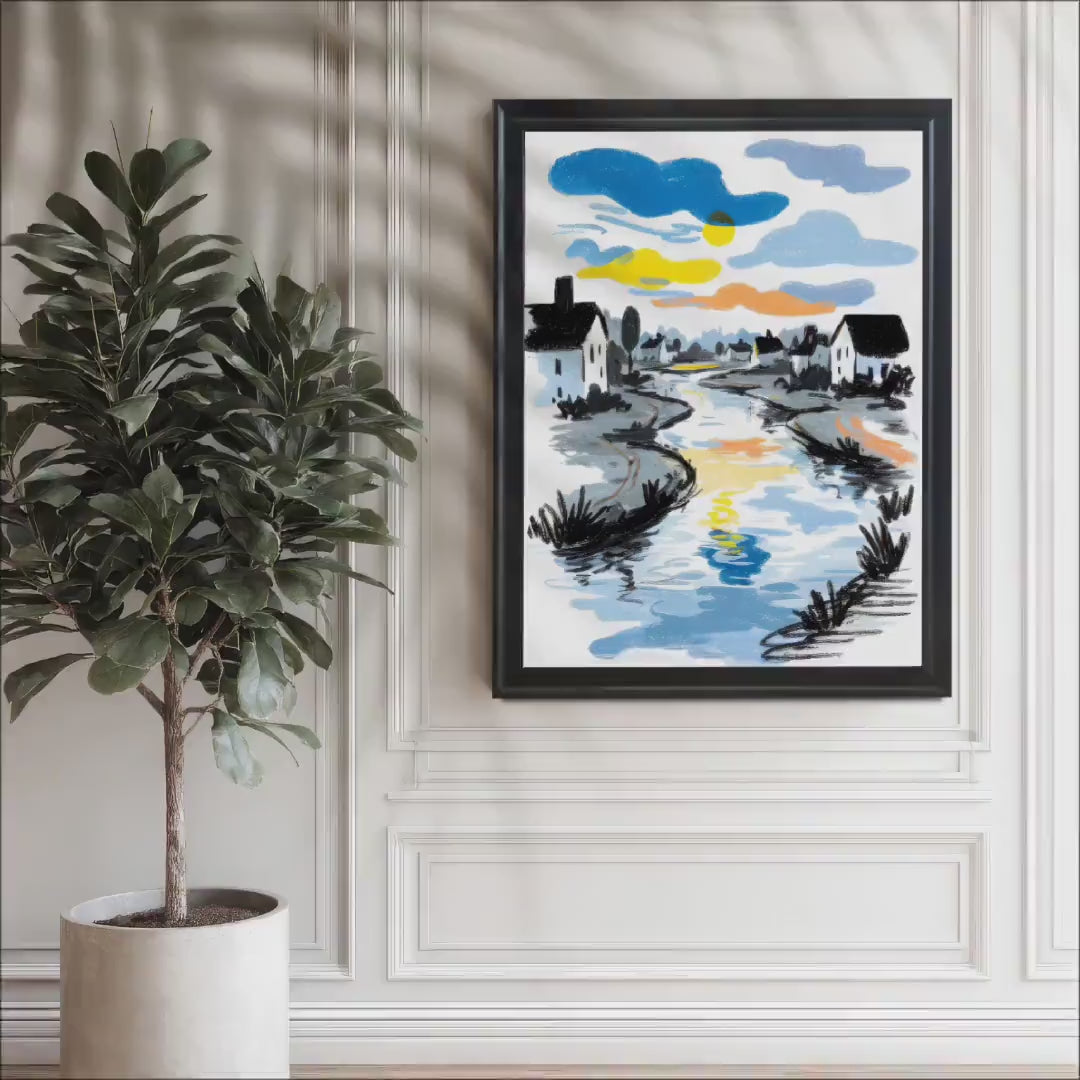 Abstract Village River Landscape Art Print Wood Framed Wall Decor