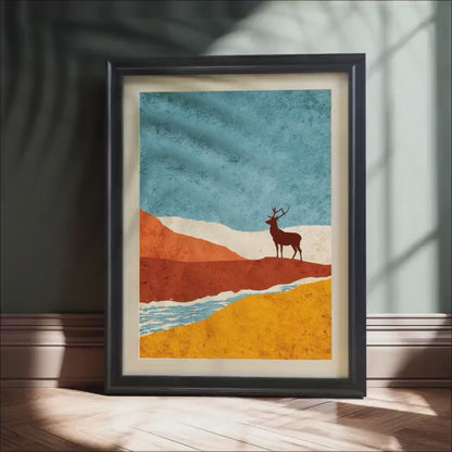 Modern Deer Hills Landscape Wood Framed Wall Art, Abstract Nature Wildlife Print Decor