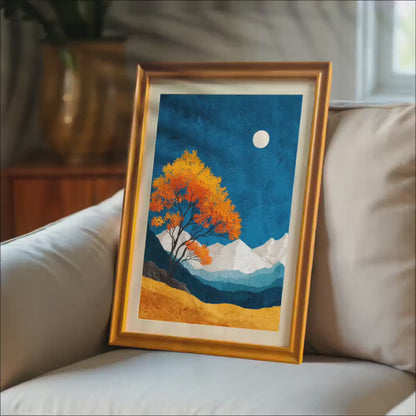 Framed Autumn Mountain Wall Art - Modern Tree Landscape Print - Wood Framed Nature Decor