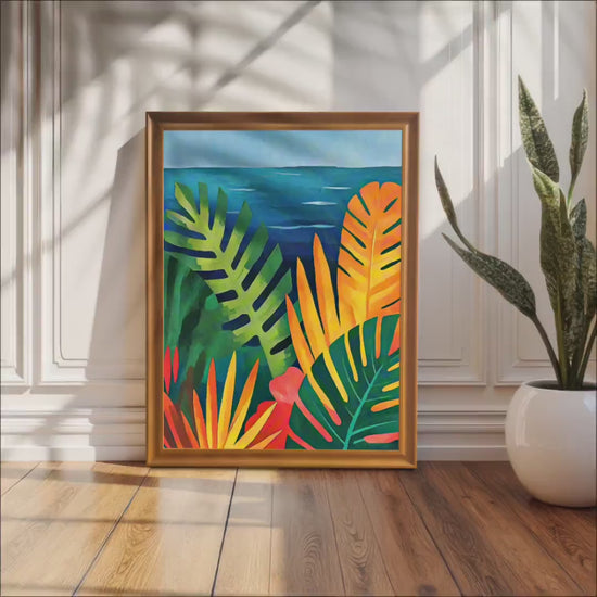 Tropical Seaside Leaves Wood Framed Wall Art Print
