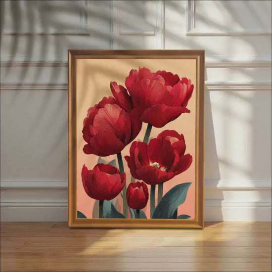 Vibrant Red Tulip Flower Print: Wood Framed Wall Art Decor