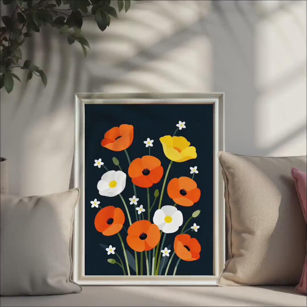 Minimalist Floral Art Print: Modern Flower Wall Decor, Wood Frame