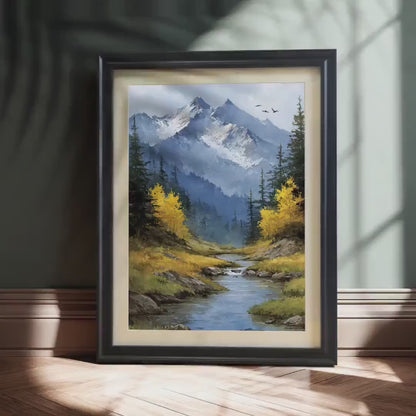 Mountain Snowy Peaks Stream Landscape Watercolor Painting Print Wood Framed Wall Art