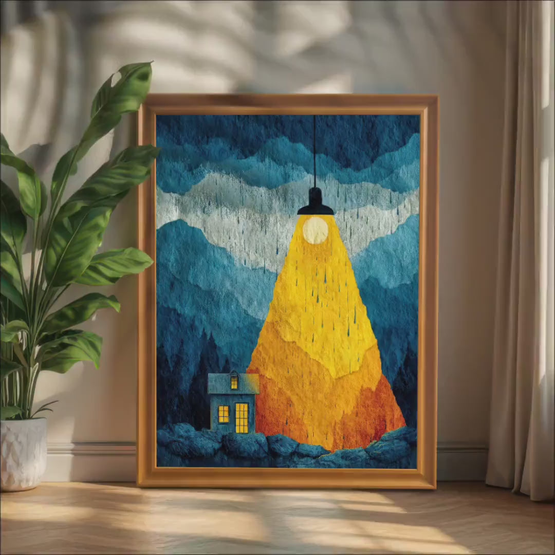 Surreal Night Light Mountain Wood Framed Wall Art Print