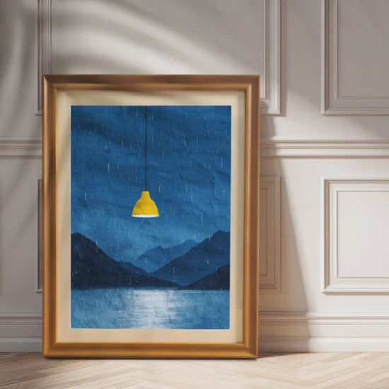Wood Framed Rainy Night Lake Yellow Lamp Scene Art Print